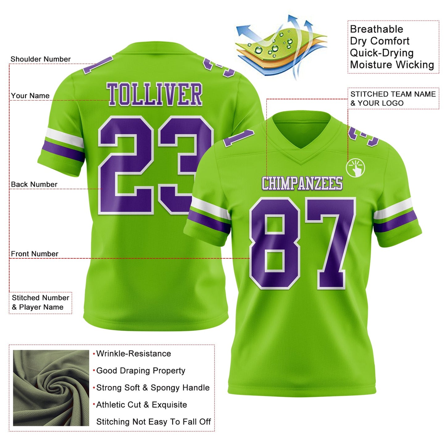 Custom Neon Green Purple-White Mesh Authentic Football Jersey - Sky-Custom