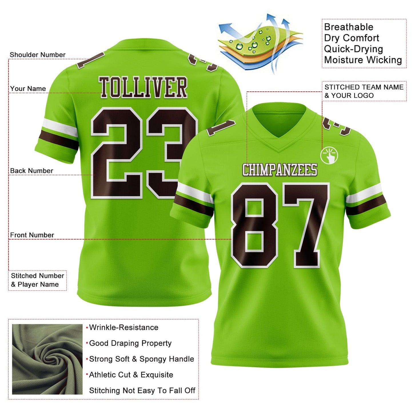 Custom Neon Green Brown-White Mesh Authentic Football Jersey - Sky-Custom