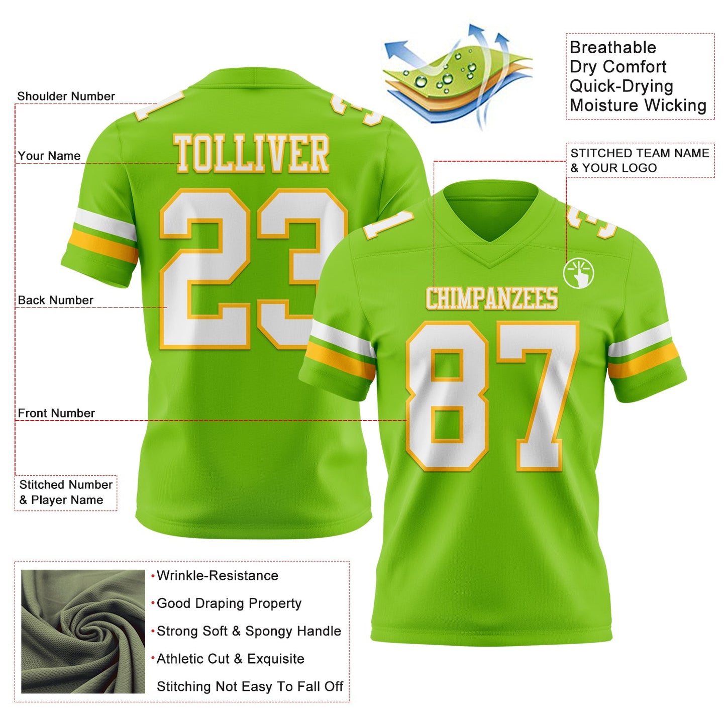 Custom Neon Green White-Gold Mesh Authentic Football Jersey - Sky-Custom