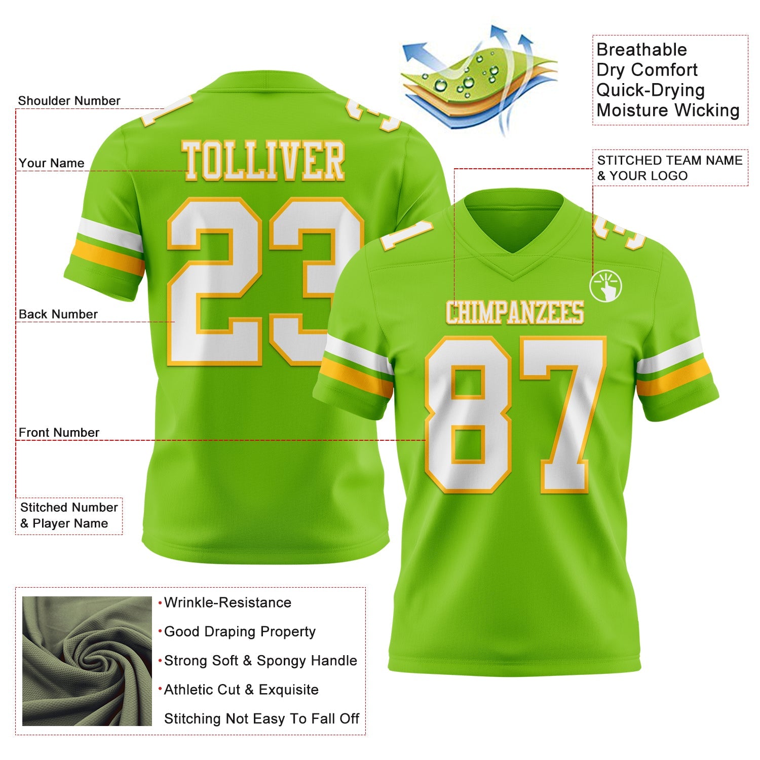 Custom Neon Green White-Gold Mesh Authentic Football Jersey - Sky-Custom