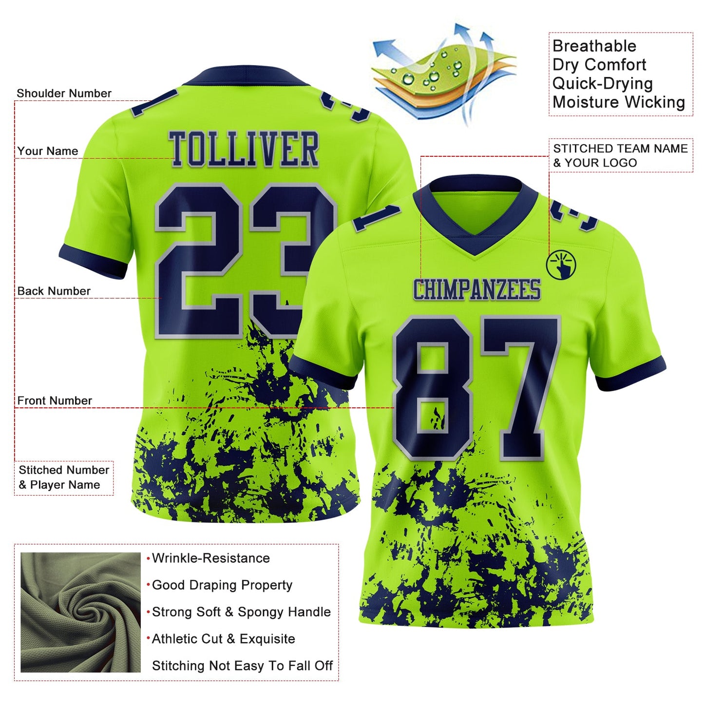 Custom Neon Green Navy-Gray Splash Mesh Authentic Football Jersey - Sky-Custom