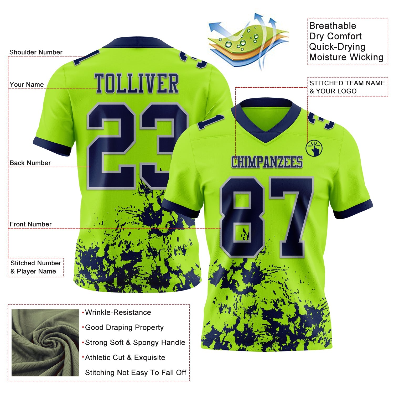 Custom Neon Green Navy-Gray Splash Mesh Authentic Football Jersey - Sky-Custom