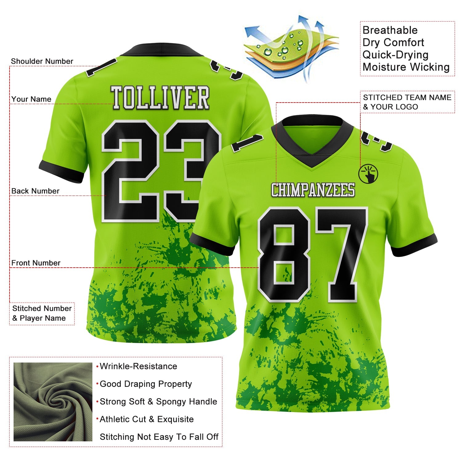 Custom Neon Green Black Grass Green-White Splash Mesh Authentic Football Jersey - Sky-Custom