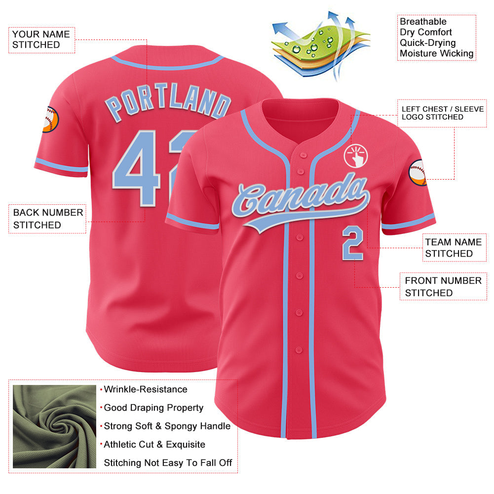 Custom Neon Pink Light Blue-White Authentic Baseball Jersey - Sky-Custom