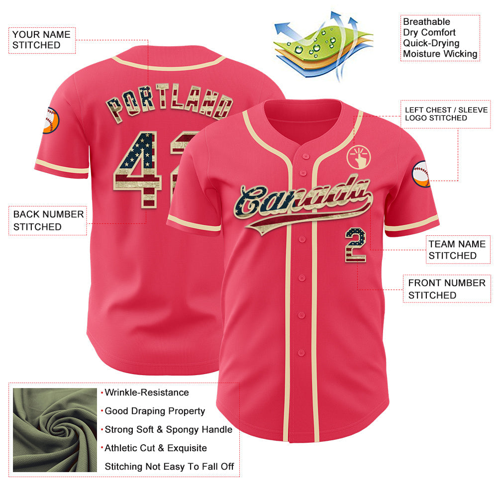 Custom Neon Pink Vintage USA Flag-Cream Authentic Baseball Jersey - Sky-Custom