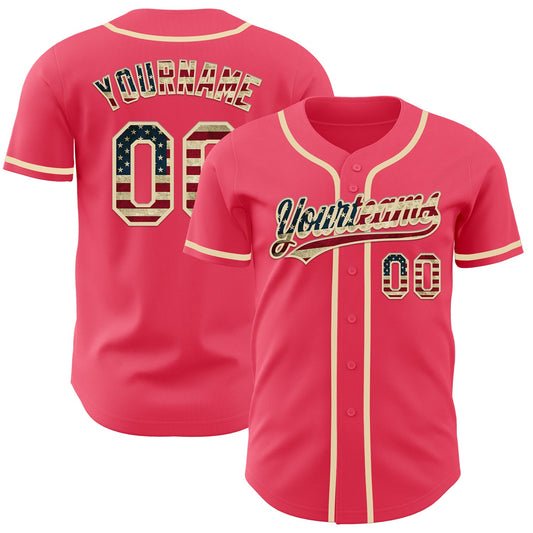 Custom Neon Pink Vintage USA Flag-Cream Authentic Baseball Jersey - Sky-Custom