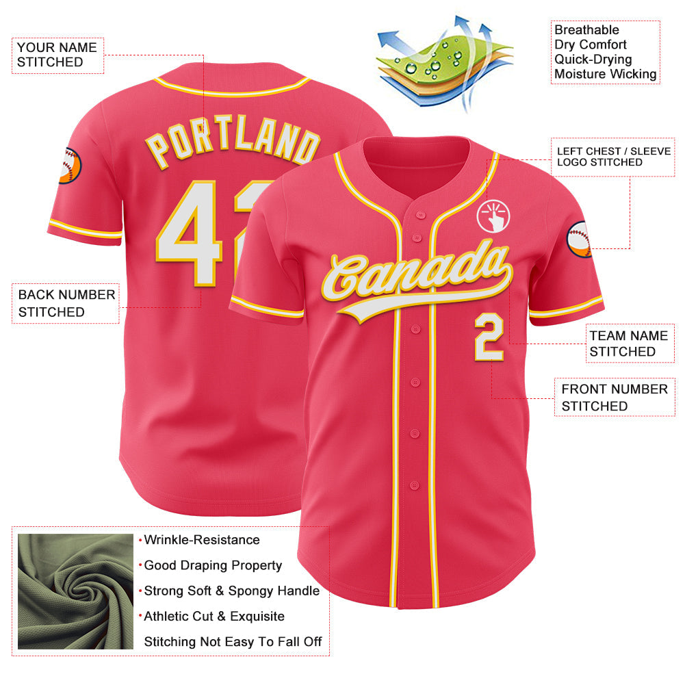 Custom Neon Pink White-Yellow Authentic Baseball Jersey - Sky-Custom