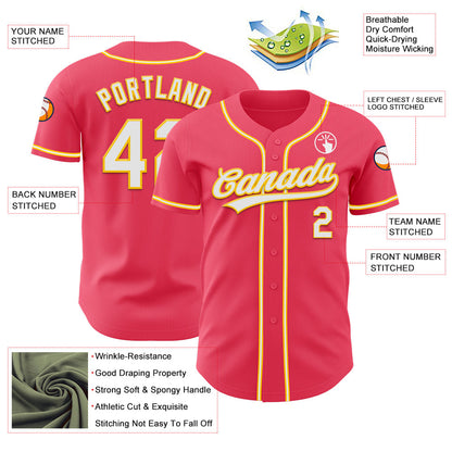 Custom Neon Pink White-Yellow Authentic Baseball Jersey - Sky-Custom
