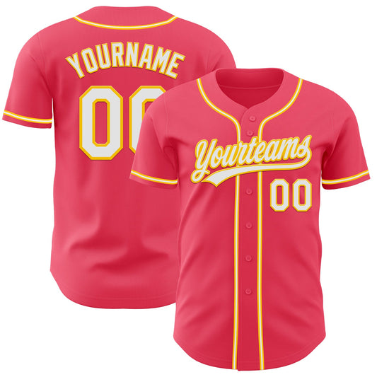 Custom Neon Pink White-Yellow Authentic Baseball Jersey - Sky-Custom