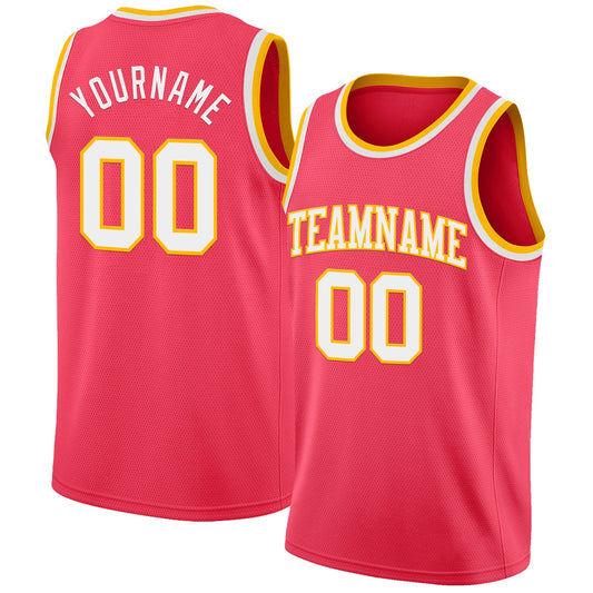 Custom Neon Pink White-Gold Authentic Basketball Jersey - Sky-Custom