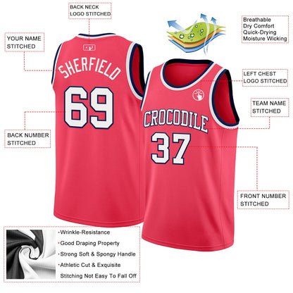 Custom Neon Pink White-Navy Authentic Basketball Jersey - Sky-Custom