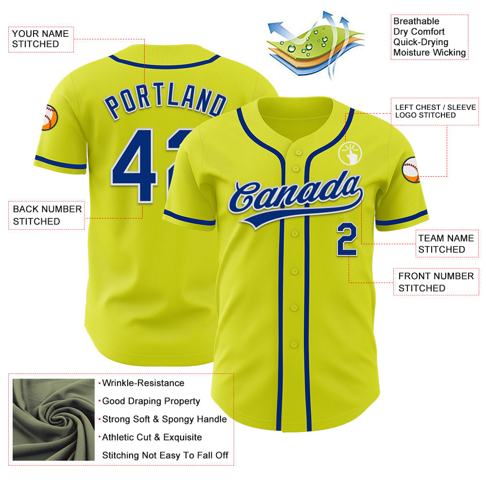 Custom Neon Yellow Royal-White Authentic Baseball Jersey - Sky-Custom