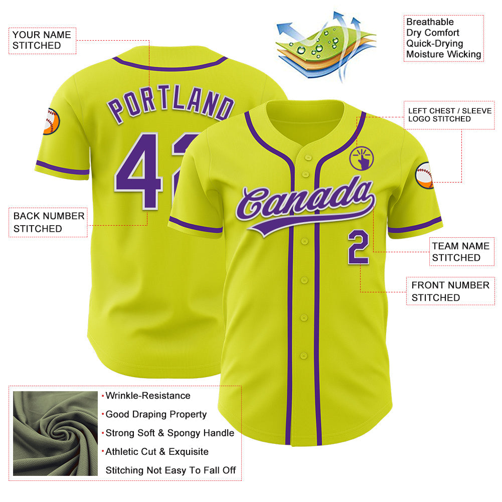 Custom Neon Yellow Purple-White Authentic Baseball Jersey - Sky-Custom