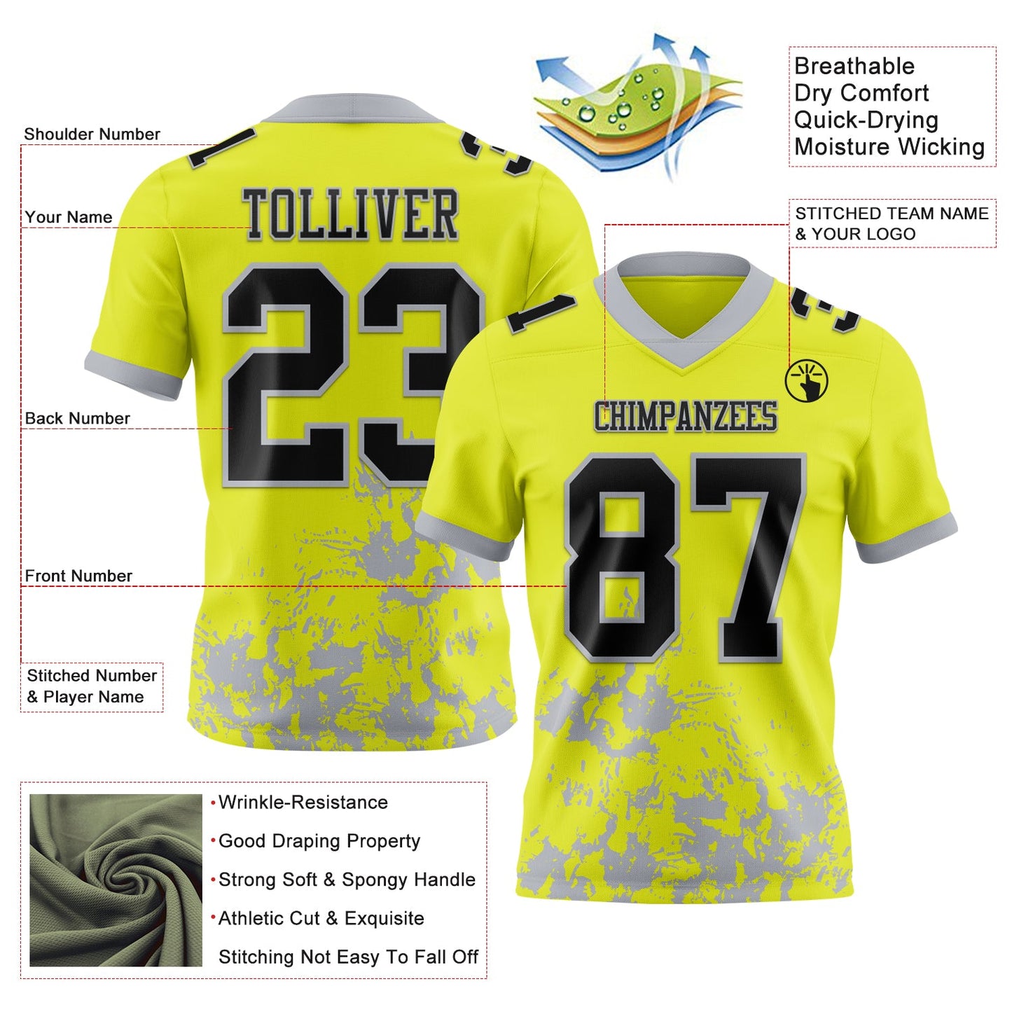Custom Neon Yellow Black-Gray Splash Mesh Authentic Football Jersey - Sky-Custom