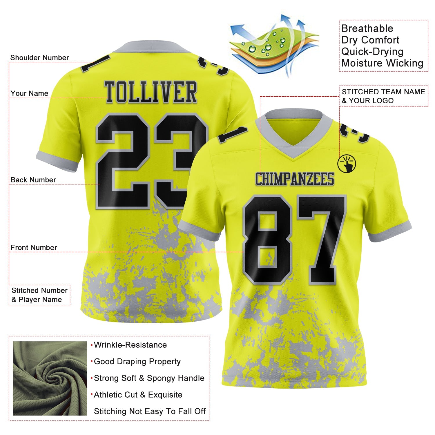Custom Neon Yellow Black-Gray Splash Mesh Authentic Football Jersey - Sky-Custom