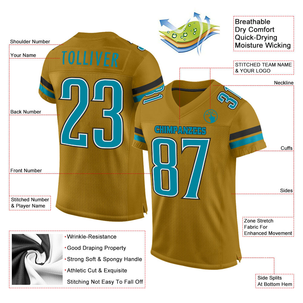 Custom Old Gold Teal-Black Mesh Authentic Football Jersey - Sky-Custom
