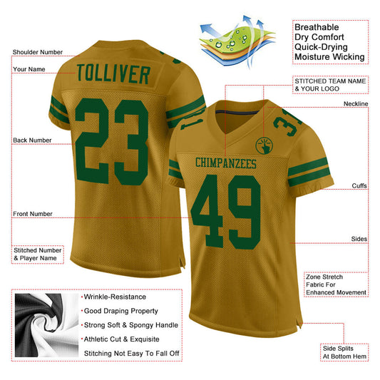 Custom Old Gold Green Mesh Authentic Football Jersey - Sky-Custom