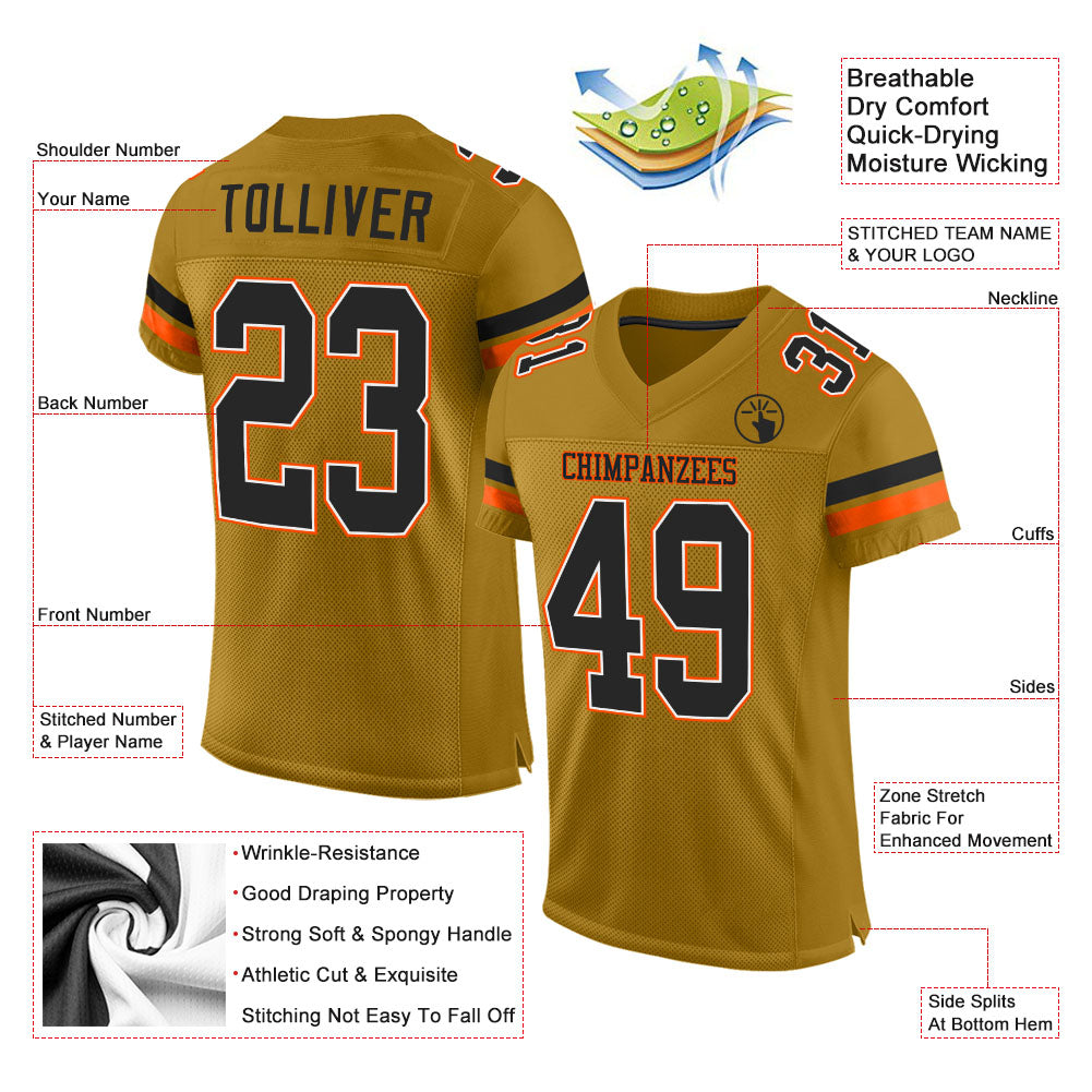 Custom Old Gold Black-Orange Mesh Authentic Football Jersey - Sky-Custom
