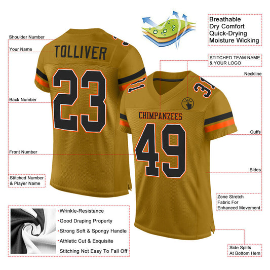 Custom Old Gold Black-Orange Mesh Authentic Football Jersey - Sky-Custom