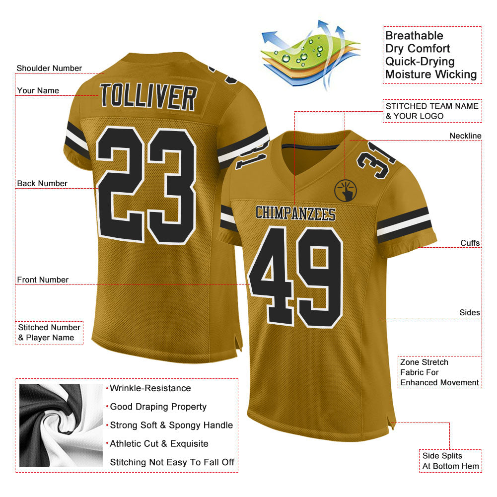 Custom Old Gold Black-White Mesh Authentic Football Jersey - Sky-Custom