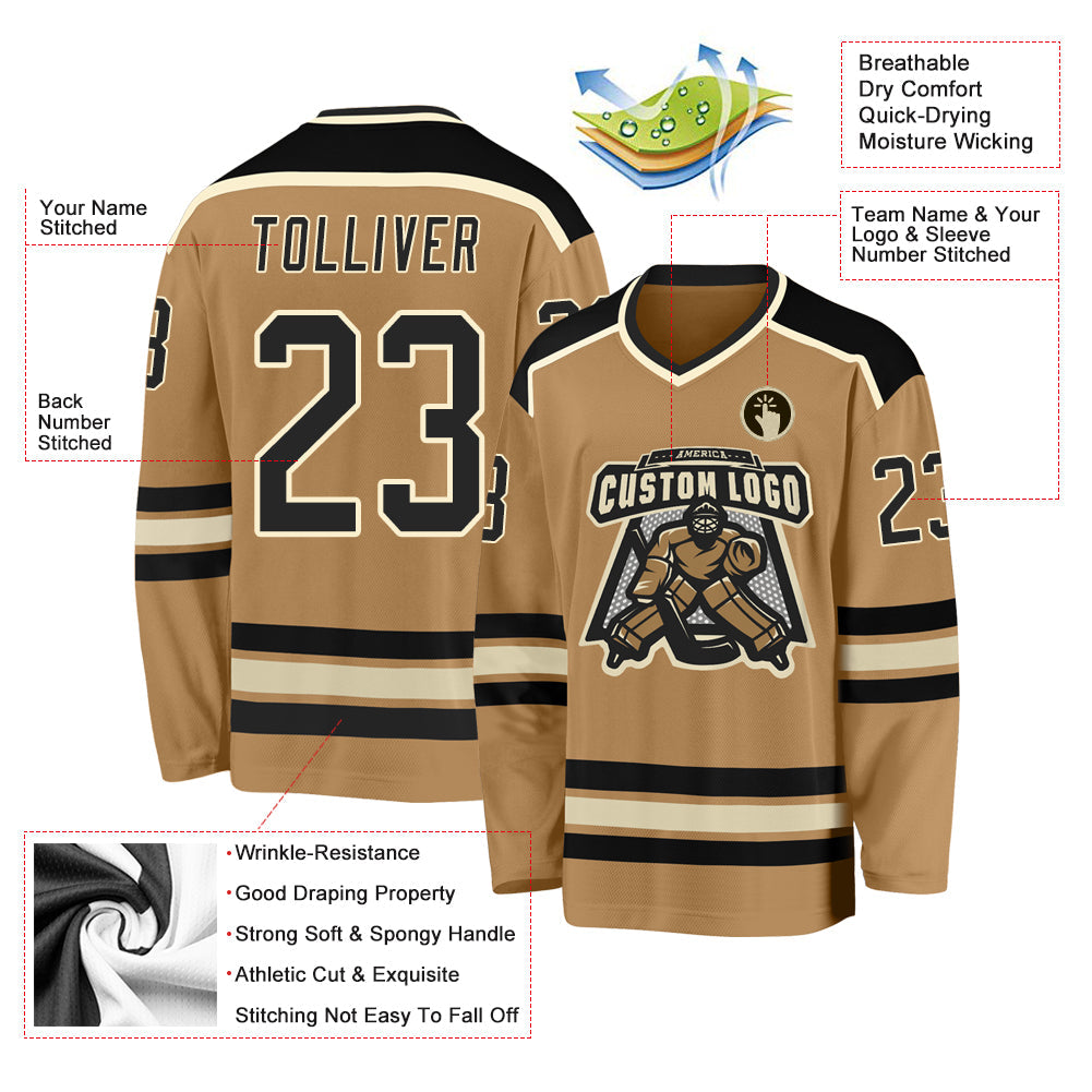 Custom Old Gold Black-Cream Hockey Jersey - Sky-Custom