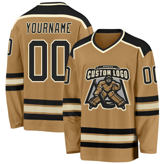 Custom Old Gold Black-Cream Hockey Jersey - Sky-Custom