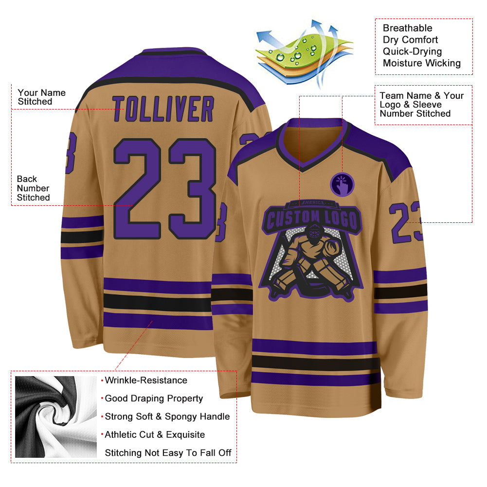 Custom Old Gold Purple-Black Hockey Jersey - Sky-Custom