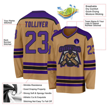 Custom Old Gold Purple-Black Hockey Jersey - Sky-Custom