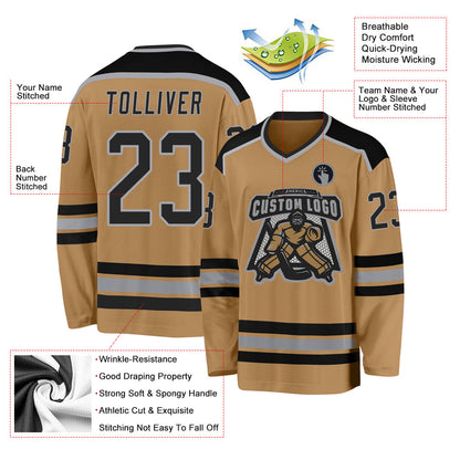 Custom Old Gold Black-Gray Hockey Jersey - Sky-Custom