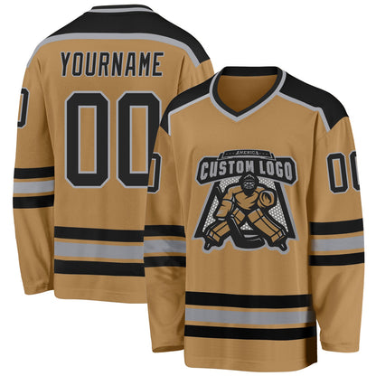 Custom Old Gold Black-Gray Hockey Jersey - Sky-Custom