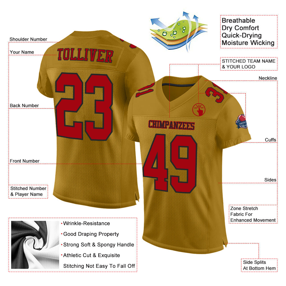 Custom Old Gold Red-Black Mesh Authentic Football Jersey - Sky-Custom