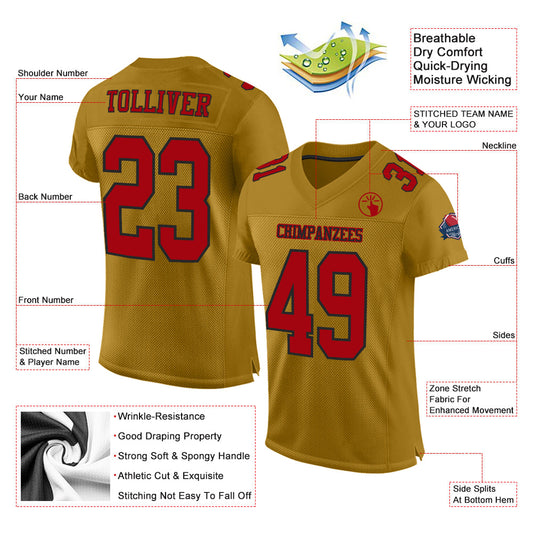 Custom Old Gold Red-Black Mesh Authentic Football Jersey - Sky-Custom