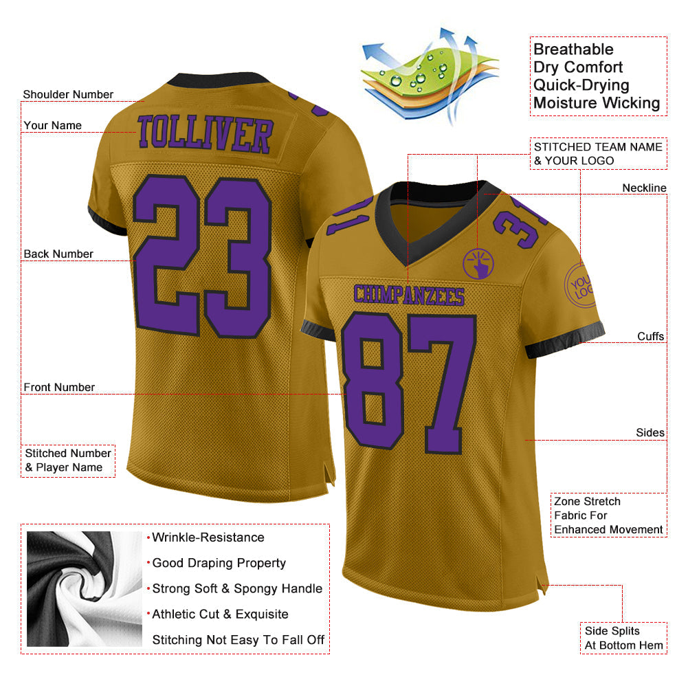 Custom Old Gold Purple-Black Mesh Authentic Football Jersey - Sky-Custom