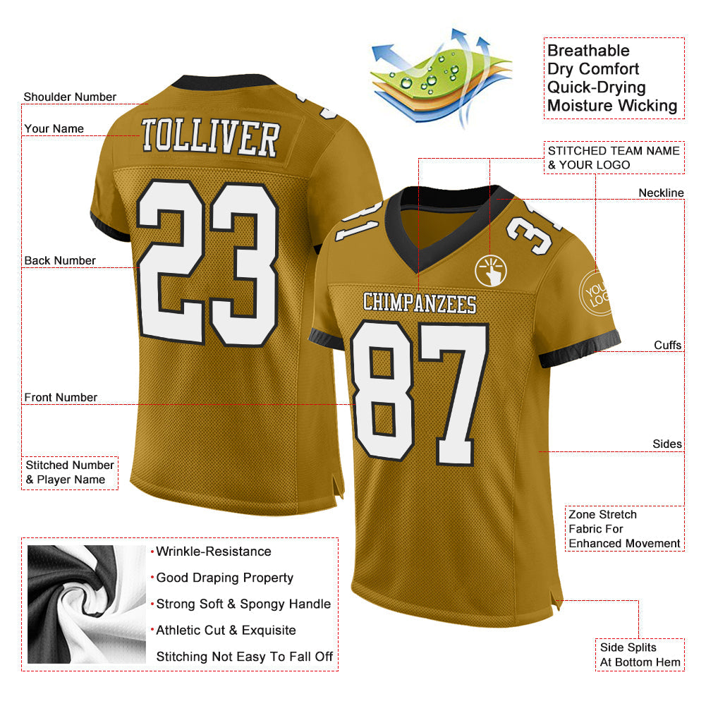 Custom Old Gold White-Black Mesh Authentic Football Jersey - Sky-Custom