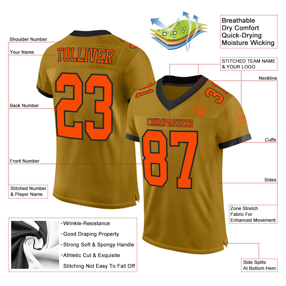 Custom Old Gold Orange-Black Mesh Authentic Football Jersey - Sky-Custom