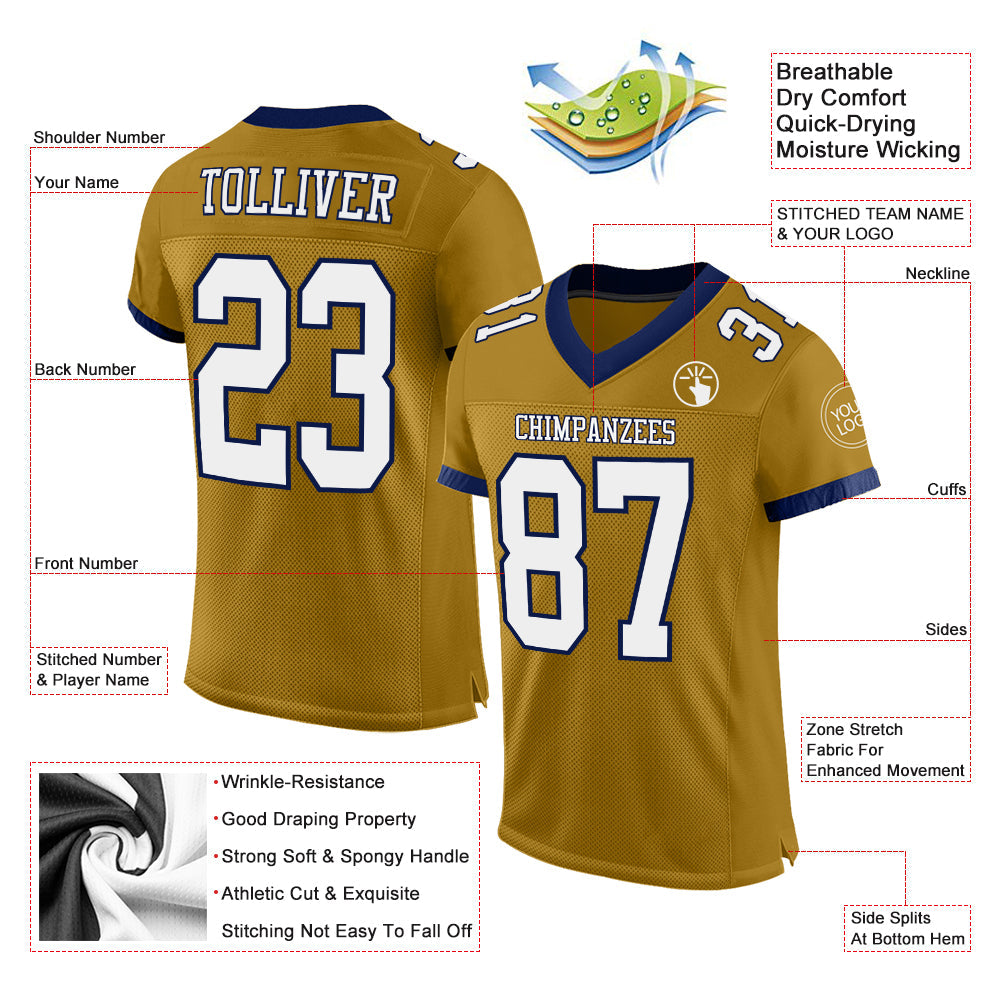 Custom Old Gold White-Navy Mesh Authentic Football Jersey - Sky-Custom