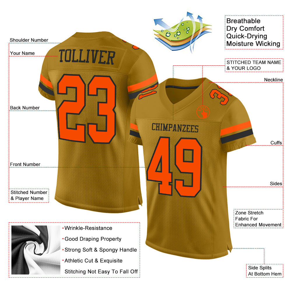 Custom Old Gold Orange-Black Mesh Authentic Football Jersey - Sky-Custom
