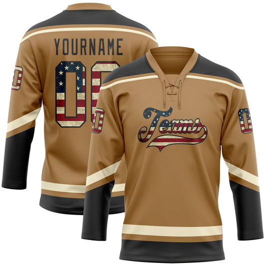 Custom Old Gold Vintage USA Flag Black-Cream Hockey Lace Neck Jersey - Sky-Custom