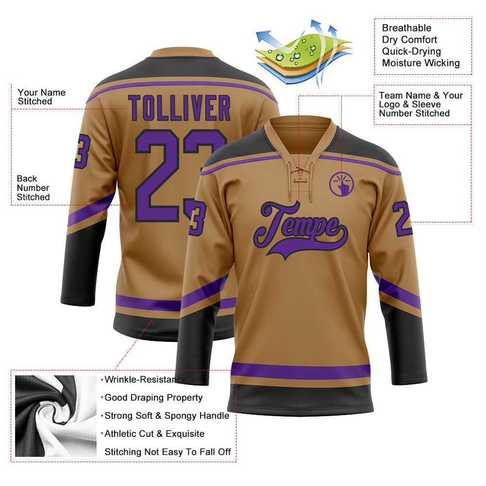 Custom Old Gold Purple-Black Hockey Lace Neck Jersey - Sky-Custom