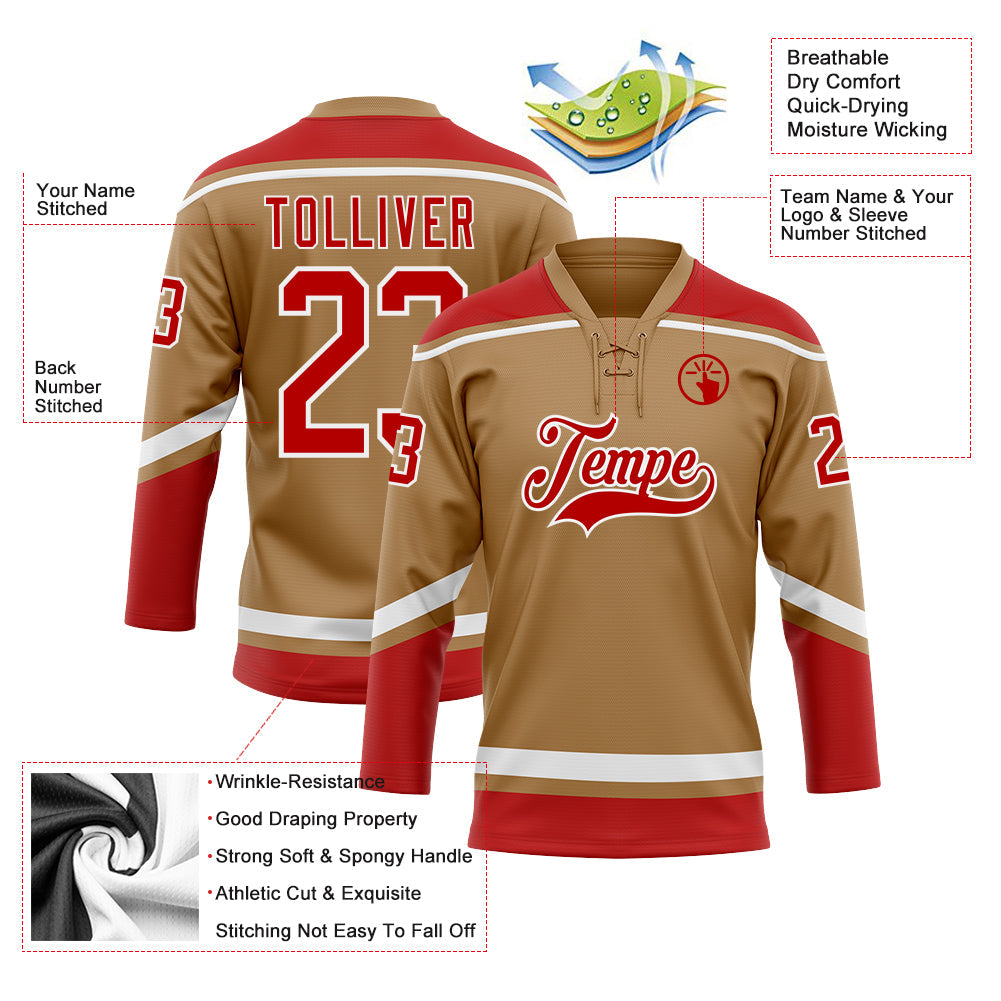 Custom Old Gold Red-White Hockey Lace Neck Jersey - Sky-Custom