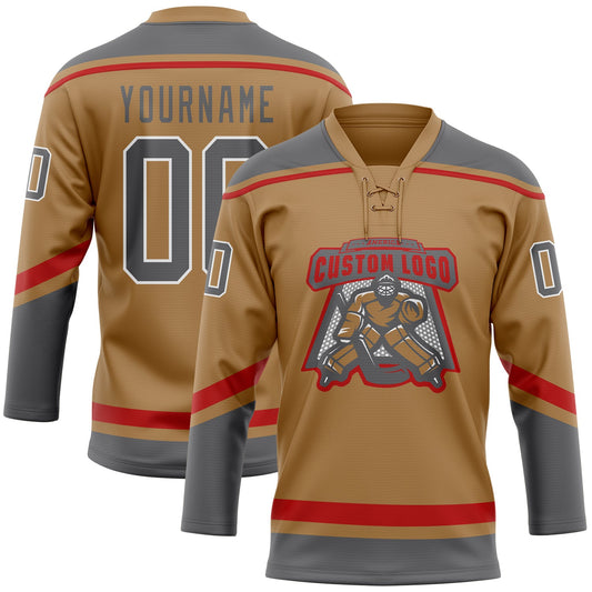 Custom Old Gold Steel Gray-White Hockey Lace Neck Jersey - Sky-Custom