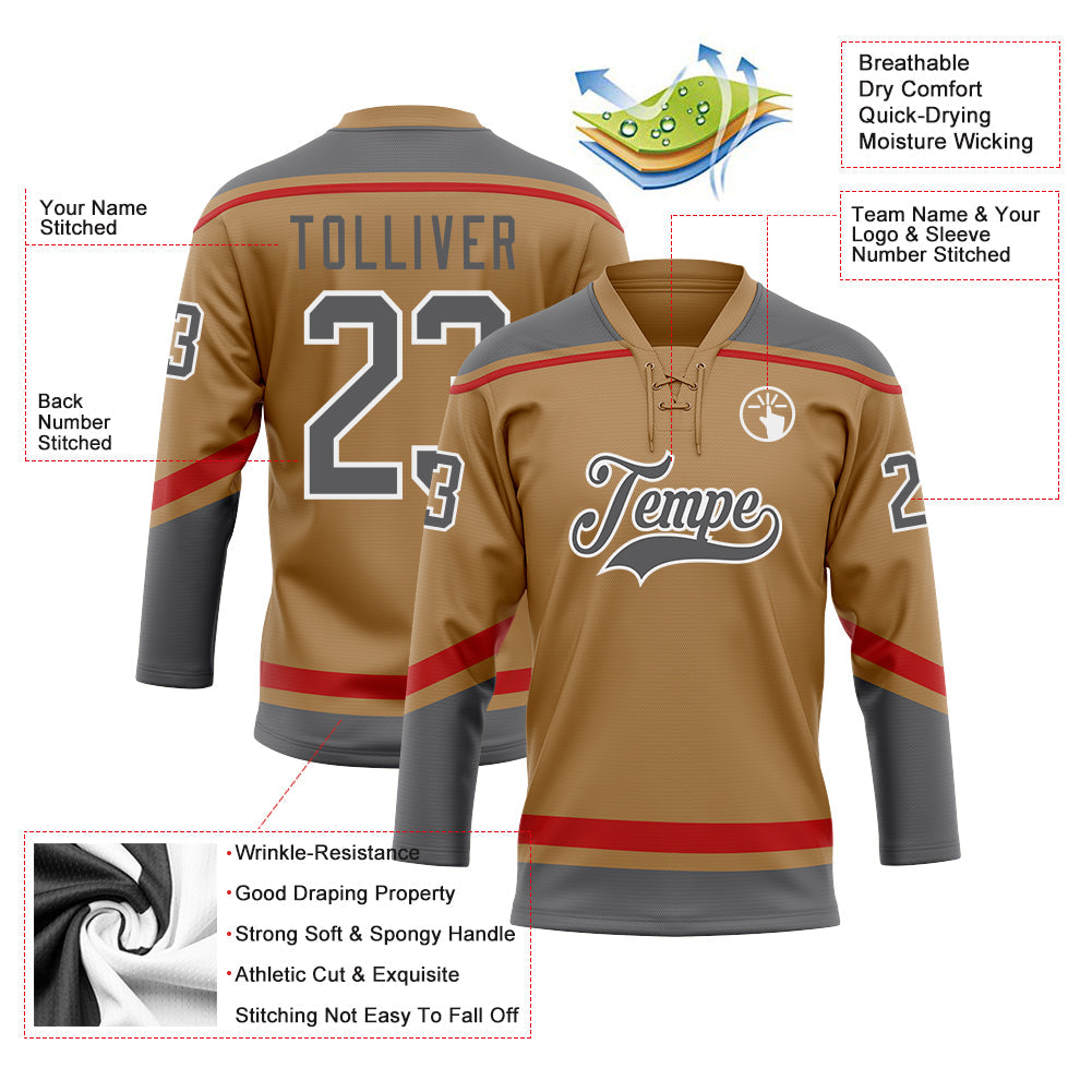 Custom Old Gold Steel Gray-White Hockey Lace Neck Jersey - Sky-Custom