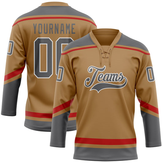Custom Old Gold Steel Gray-White Hockey Lace Neck Jersey - Sky-Custom