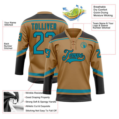 Custom Old Gold Teal-Black Hockey Lace Neck Jersey - Sky-Custom