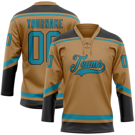 Custom Old Gold Teal-Black Hockey Lace Neck Jersey - Sky-Custom