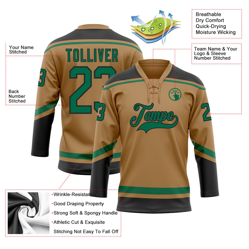 Custom Old Gold Kelly Green-Black Hockey Lace Neck Jersey - Sky-Custom