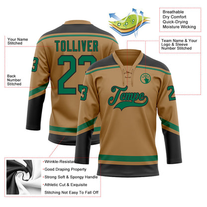 Custom Old Gold Kelly Green-Black Hockey Lace Neck Jersey - Sky-Custom