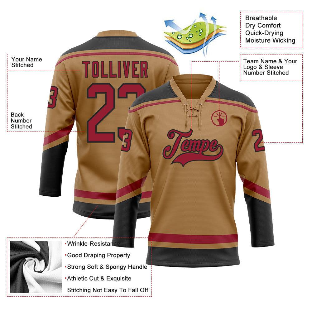 Custom Old Gold Cardinal-Black Hockey Lace Neck Jersey - Sky-Custom