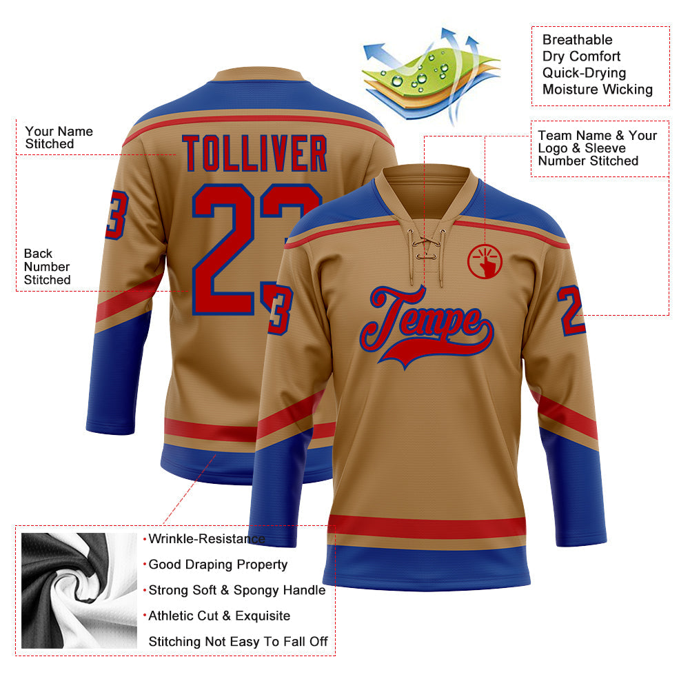 Custom Old Gold Red-Royal Hockey Lace Neck Jersey - Sky-Custom