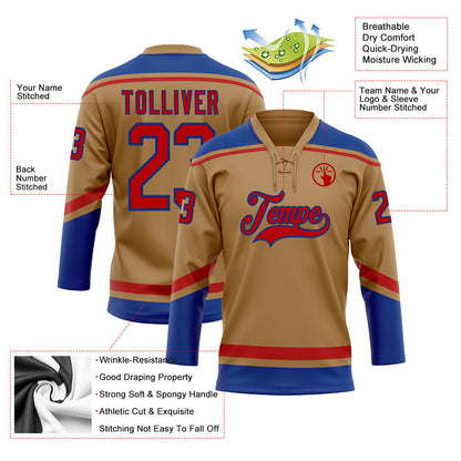Custom Old Gold Red-Royal Hockey Lace Neck Jersey - Sky-Custom